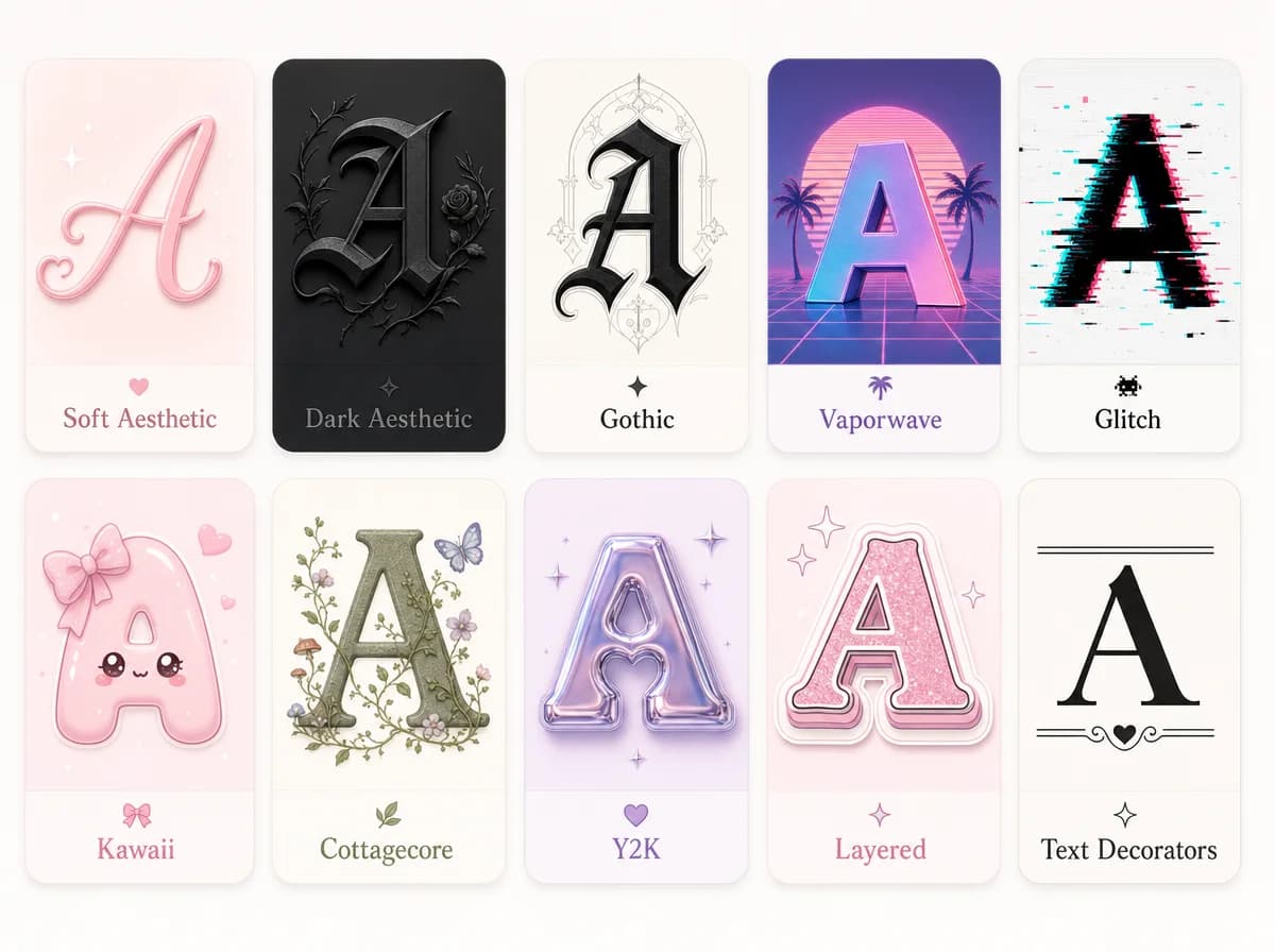 Grid of 10 aesthetic font categories including soft, dark, gothic, vaporwave, glitch, kawaii, cottagecore, Y2K, layered, and text decorators