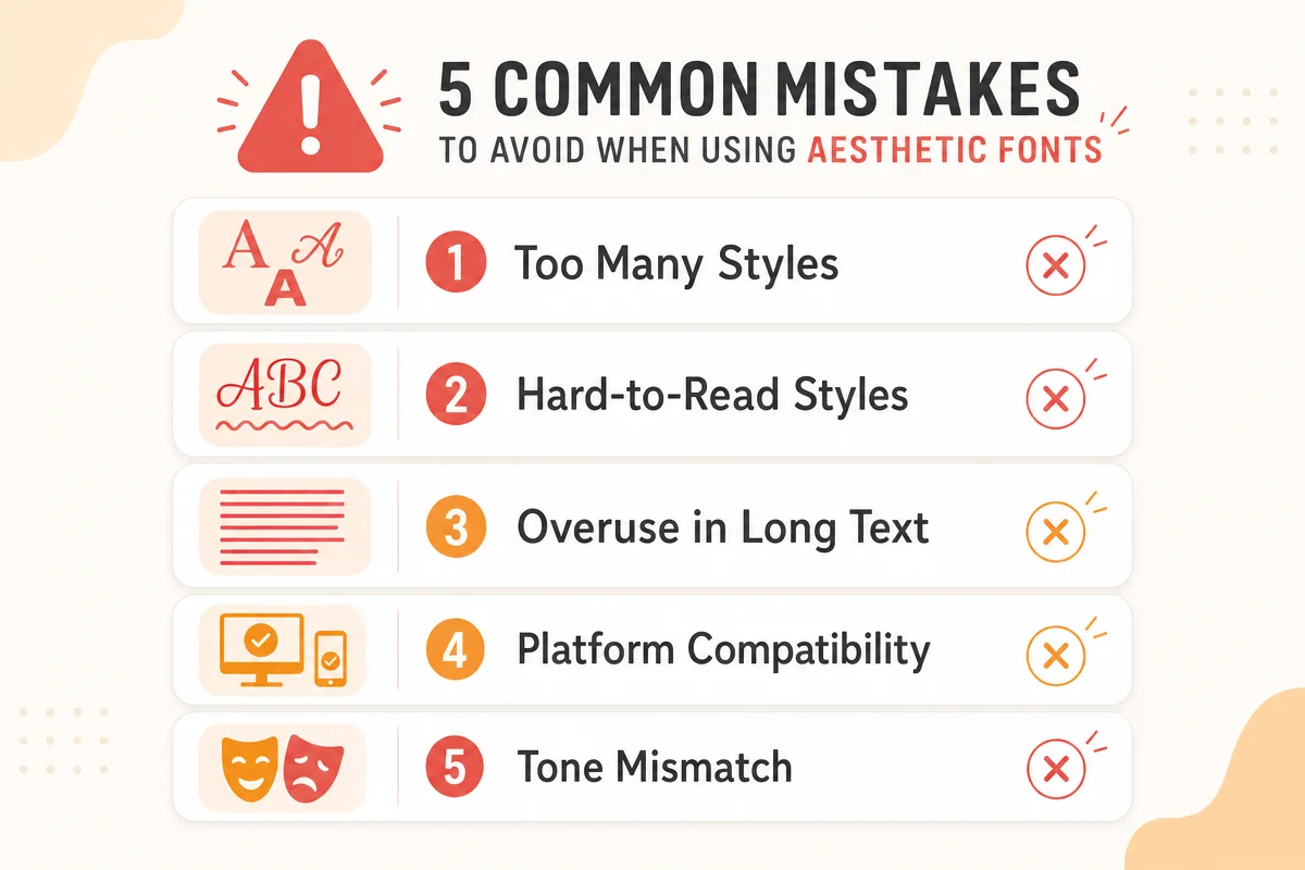 Five common mistakes to avoid when using aesthetic fonts: too many styles, hard-to-read text, overuse, platform compatibility, and tone mismatch