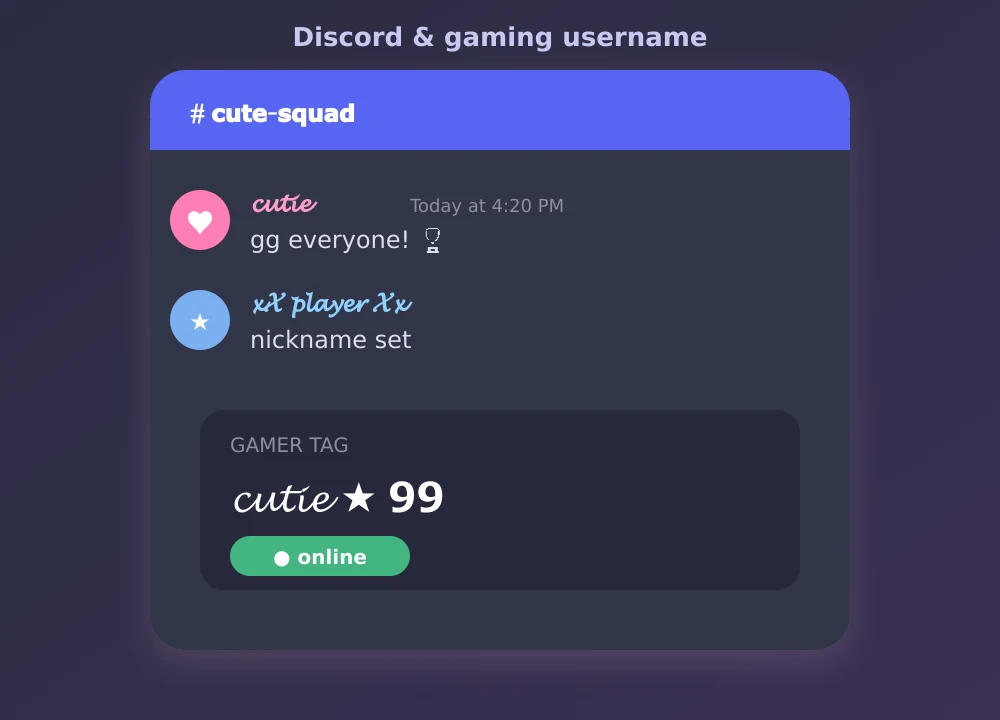 Discord and gaming chat showing cute fonts used for usernames and a gamer tag