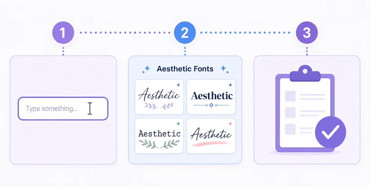 Three simple steps to generate aesthetic fonts: type text, preview Unicode styles, copy and paste anywhere