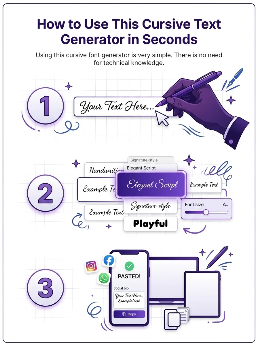 Three-step guide for using the cursive fonts generator: type your text, choose a handwritten style, then copy and paste it into a social bio or message.