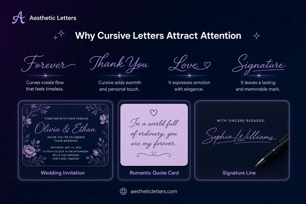 Elegant cursive script examples for wedding invitations, romantic quotes, signatures, and personal branding.