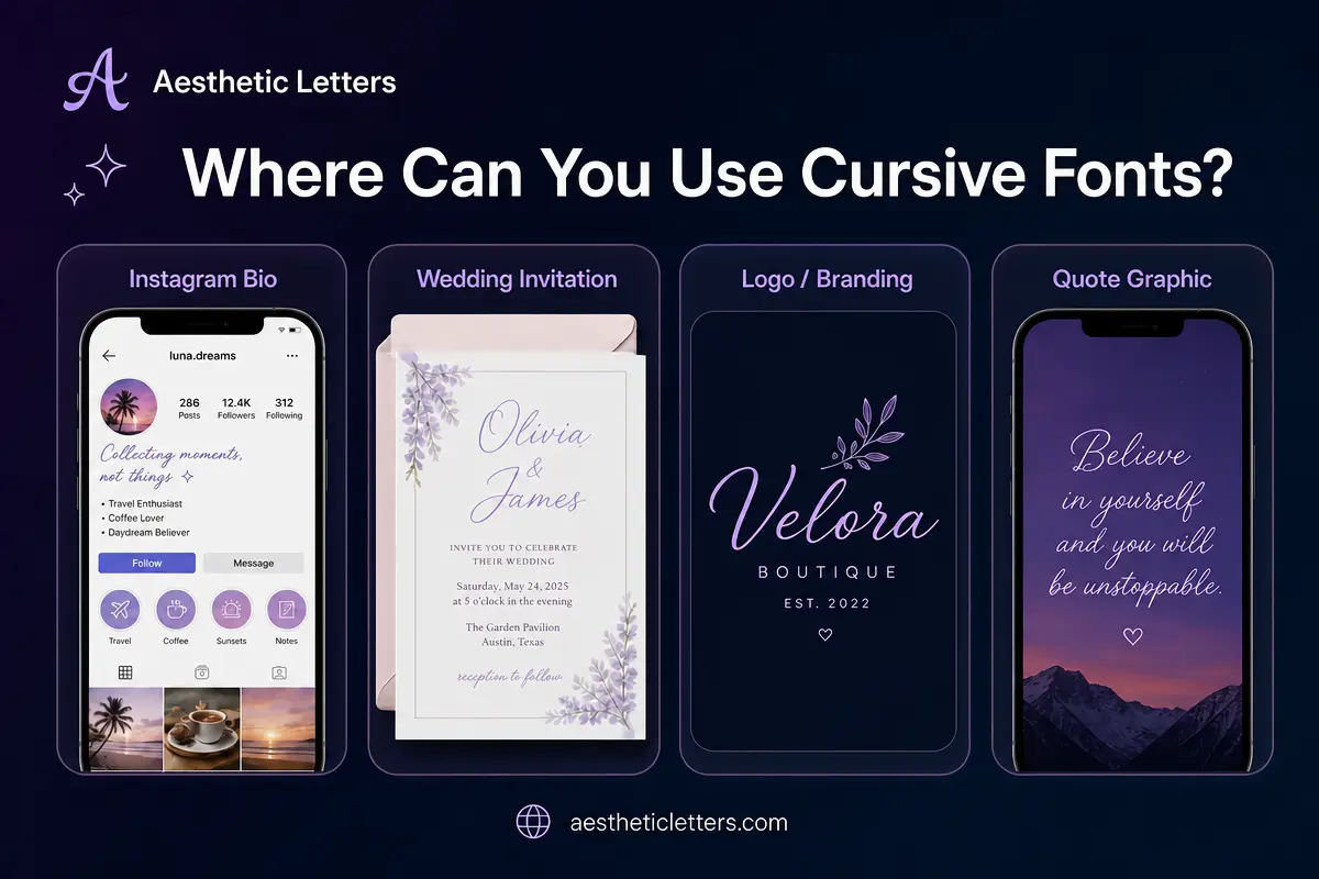 Social media and design mockups showing where cursive fonts work best: Instagram bios, wedding invitations, logos, and quotes.