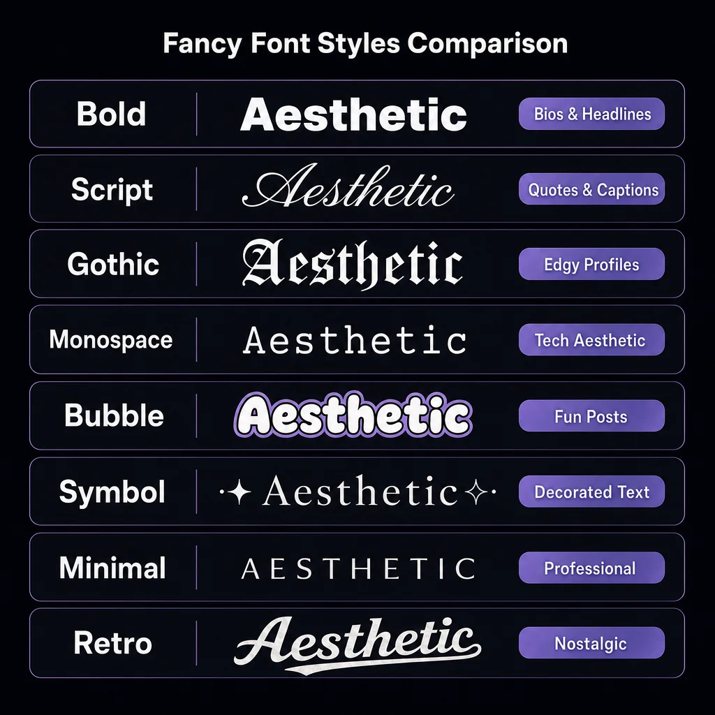 Comparison chart of popular fancy font styles including Bold, Script, Gothic, Bubble, Monospace, Symbol, Minimal, and Retro with best use cases