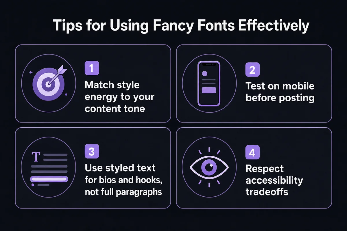 Visual tips for using fancy fonts effectively: match style to tone, test on mobile, keep paragraphs plain, and respect accessibility