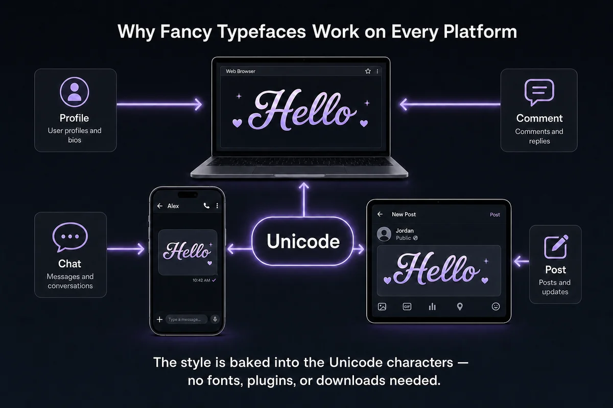 Diagram explaining that fancy fonts are Unicode characters and display consistently across laptops, phones, and tablets without downloads