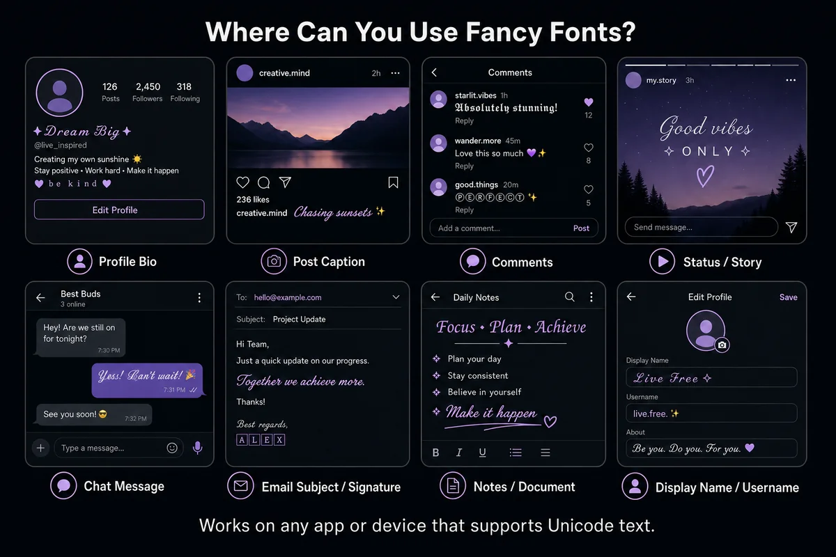 Generic social media and messaging mockups showing where fancy fonts work: profile bios, posts, captions, comments, chat messages, and more