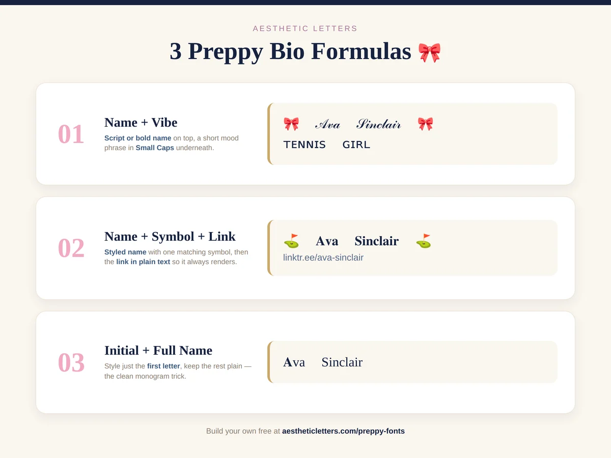 Three preppy bio formula templates: Name plus Vibe with a Ballet Script name and Quiet Caps phrase, Name plus Symbol plus Link, and Initial plus Full Name using a bold serif monogram