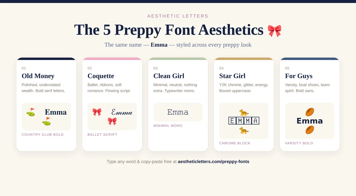 Five preppy font aesthetics compared using the name Emma: Old Money in Country Club Bold, Coquette in Ballet Script, Clean Girl in Minimal Mono, Star Girl in Chrome Block, and For Guys in Varsity Bold