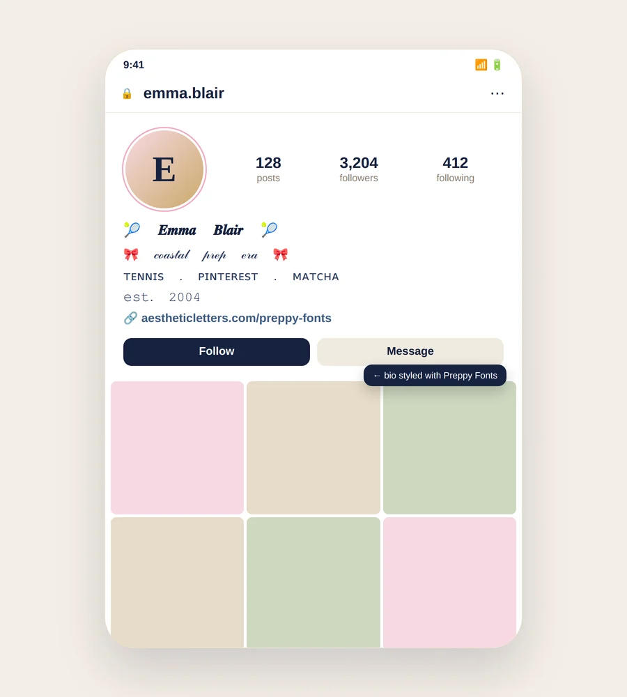 Example preppy Instagram profile with the display name in Heritage Bold Italic, a Ballet Script bio line, Quiet Caps interests, and Minimal Mono est. 2004