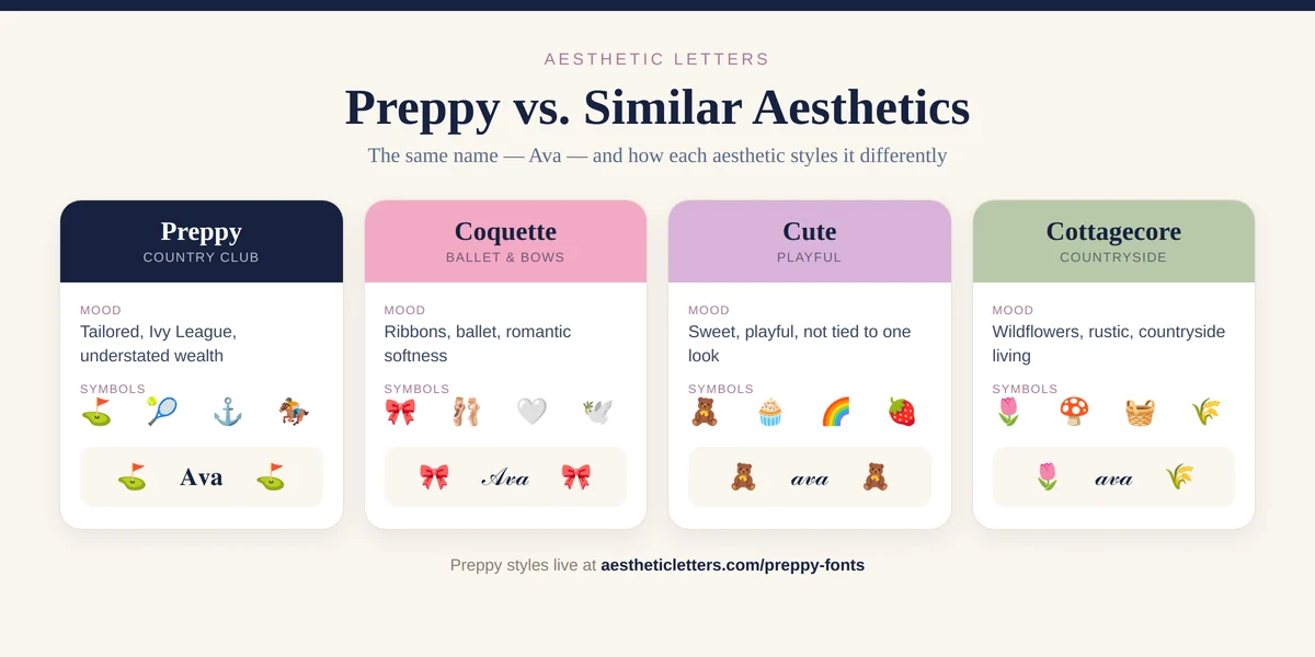 Comparison of preppy, coquette, cute, and cottagecore aesthetics showing the name Ava styled with each look's typical symbols and font