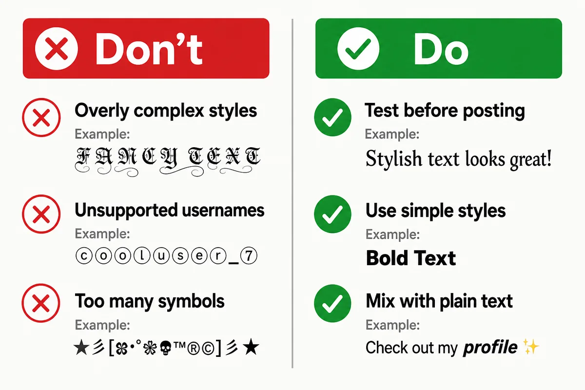 Do's and don'ts for using stylish fonts: avoid overly complex styles, test before posting, and keep important text readable.