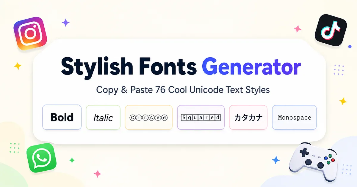 Stylish Fonts Generator by Aesthetic Letters — preview of bold, italic, circled, squared, katakana, and monospace Unicode text styles for social media and gaming.