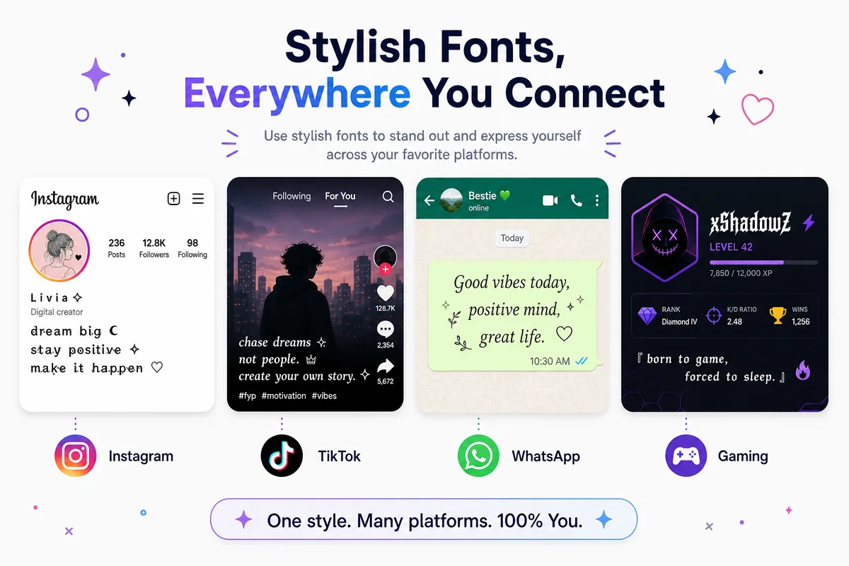 Social media and messaging mockups showing where stylish fonts work best, including Instagram bios, TikTok captions, WhatsApp status, gaming usernames, and Facebook posts.