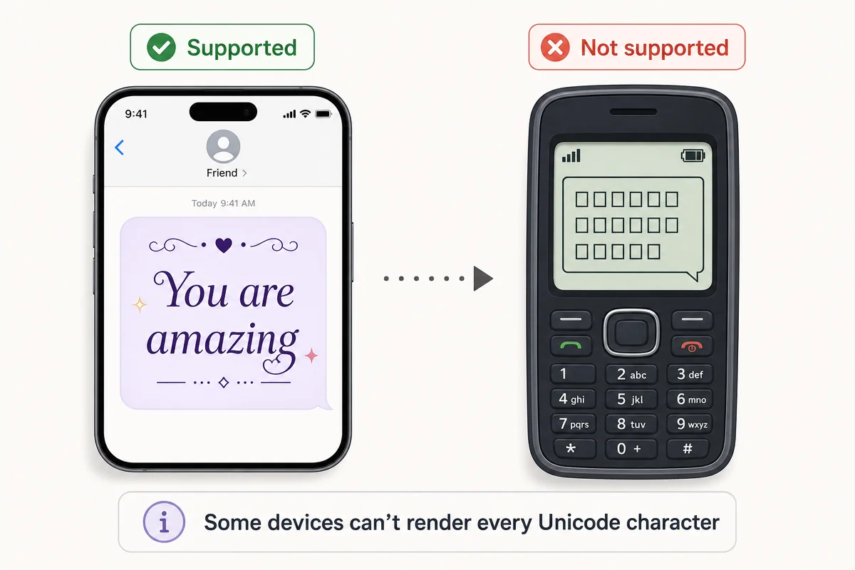Comparison showing stylish text rendering correctly on a modern phone versus broken empty boxes on an older unsupported device.
