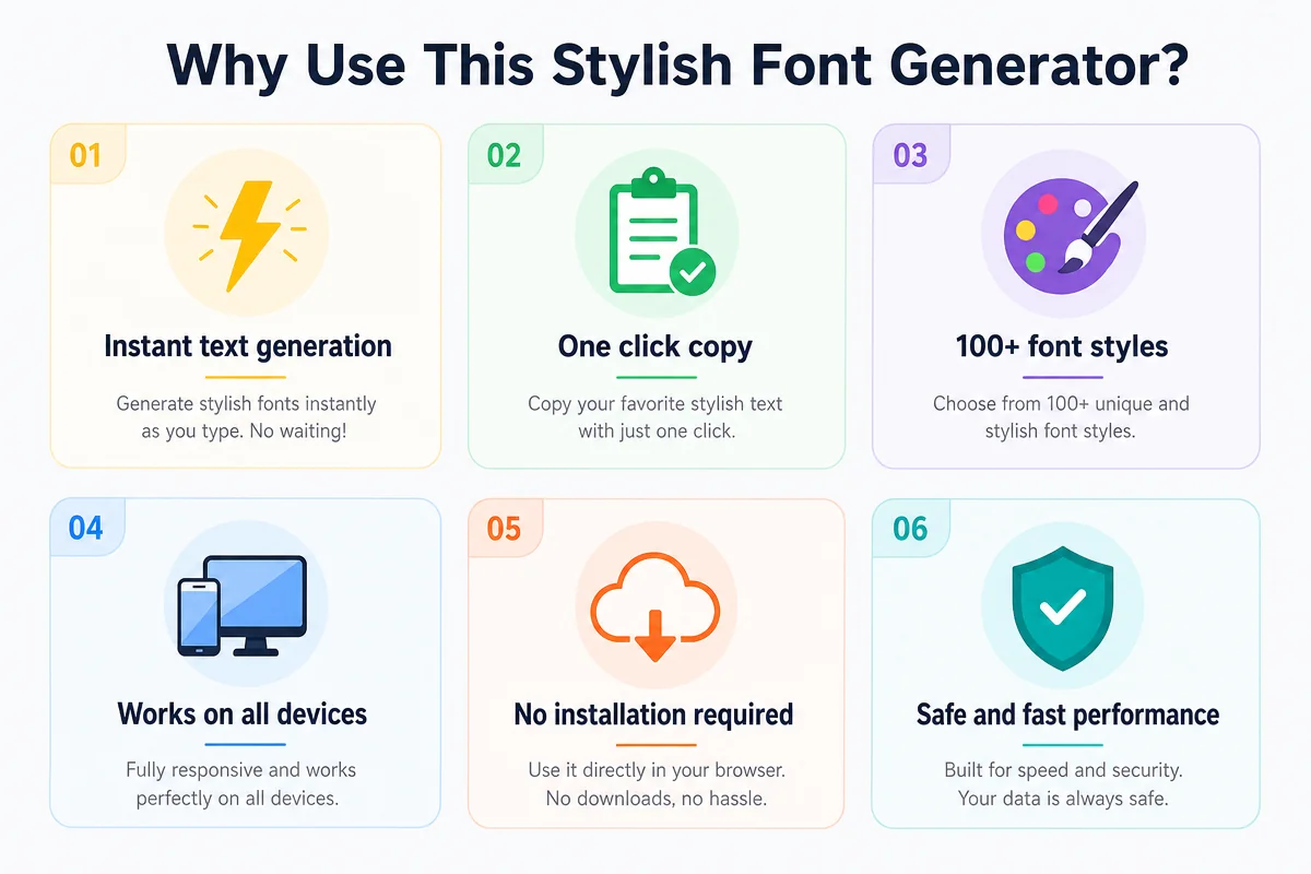 Benefits of the Aesthetic Letters stylish font generator: instant generation, one-click copy, 100+ styles, all devices, no installation, safe and fast.