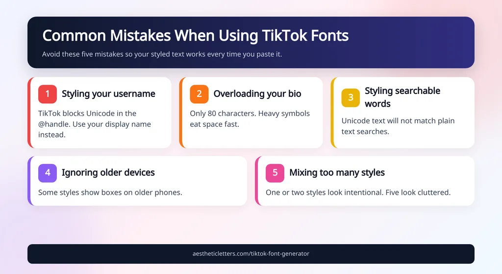 Common mistakes when using TikTok fonts: styling your username, overloading your bio, styling searchable words, ignoring older devices, and mixing too many styles