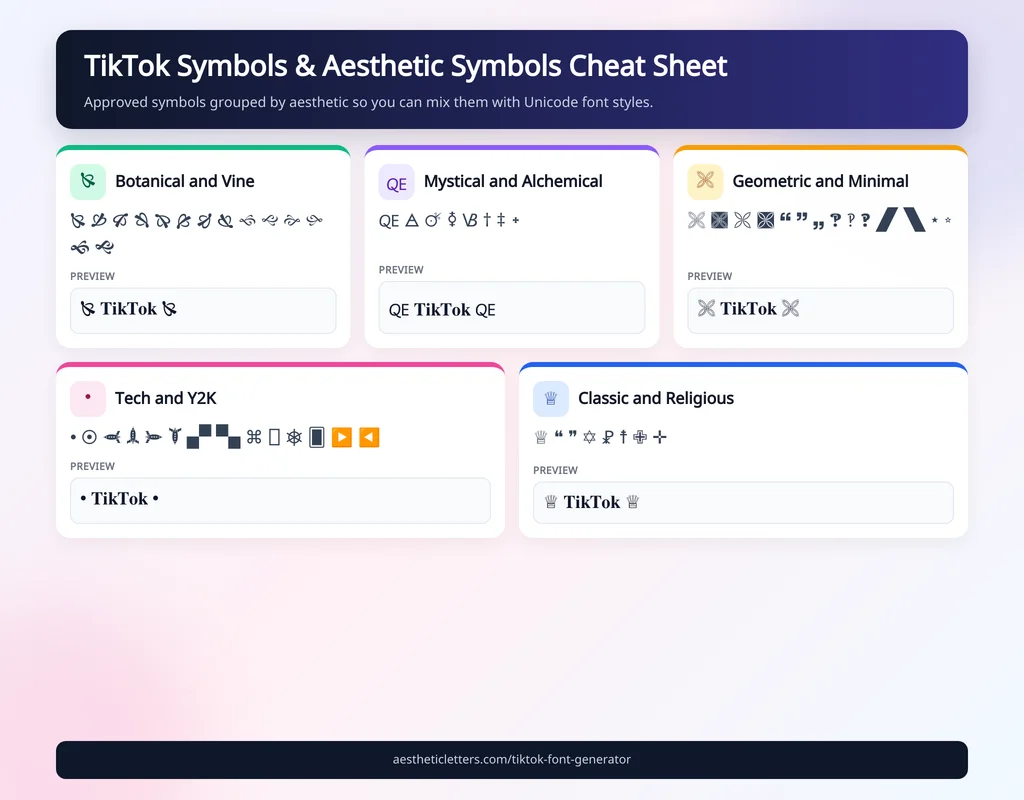 TikTok aesthetic symbols cheat sheet grouped by style: Botanical and Vine, Mystical and Alchemical, Geometric and Minimal, Tech and Y2K, and Classic and Religious