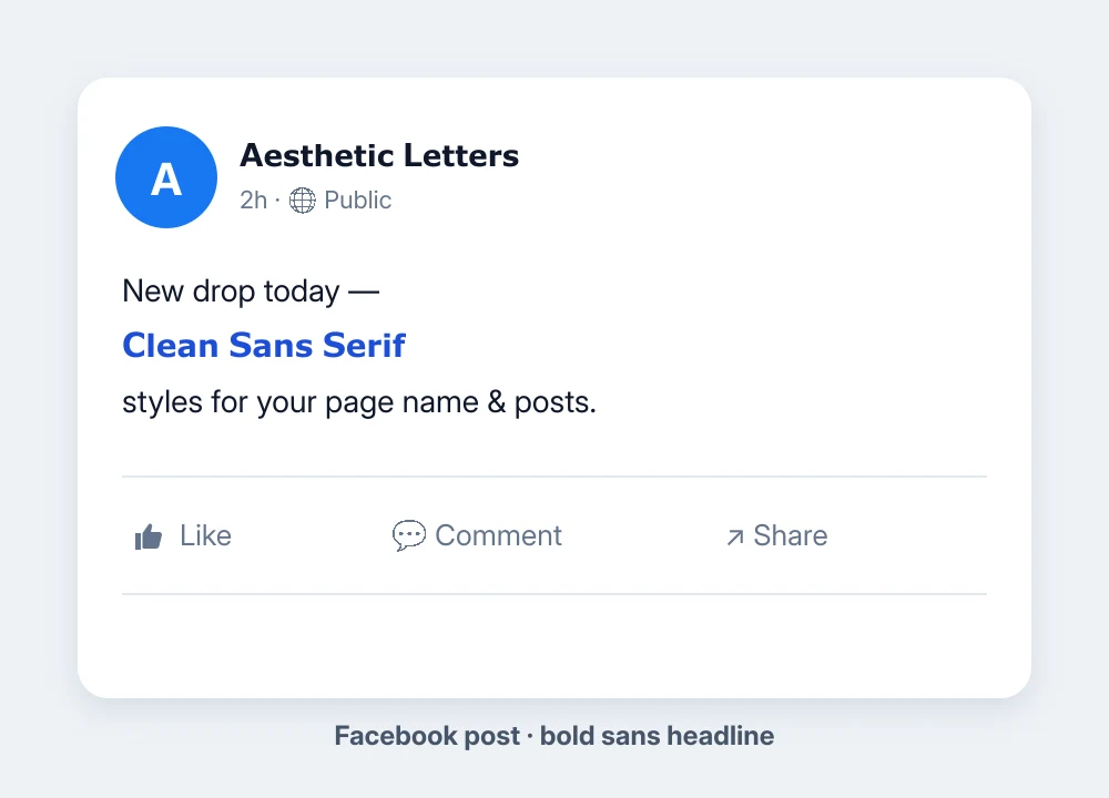 Facebook post with a bold sans serif page name and a highlighted bold sans serif headline
