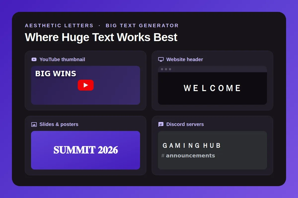 Four places big text works best shown as mockups: a YouTube thumbnail, a website header, slides and posters, and a Discord server