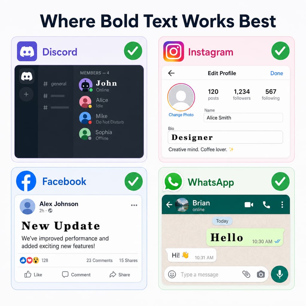 Bold Unicode text displayed correctly across Discord username, Instagram bio, Facebook post, and WhatsApp message showing platform compatibility