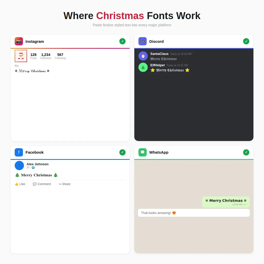Christmas Unicode text displayed correctly across Instagram bio, WhatsApp message, Discord display name, Facebook post, X tweet, and Telegram showing platform compatibility