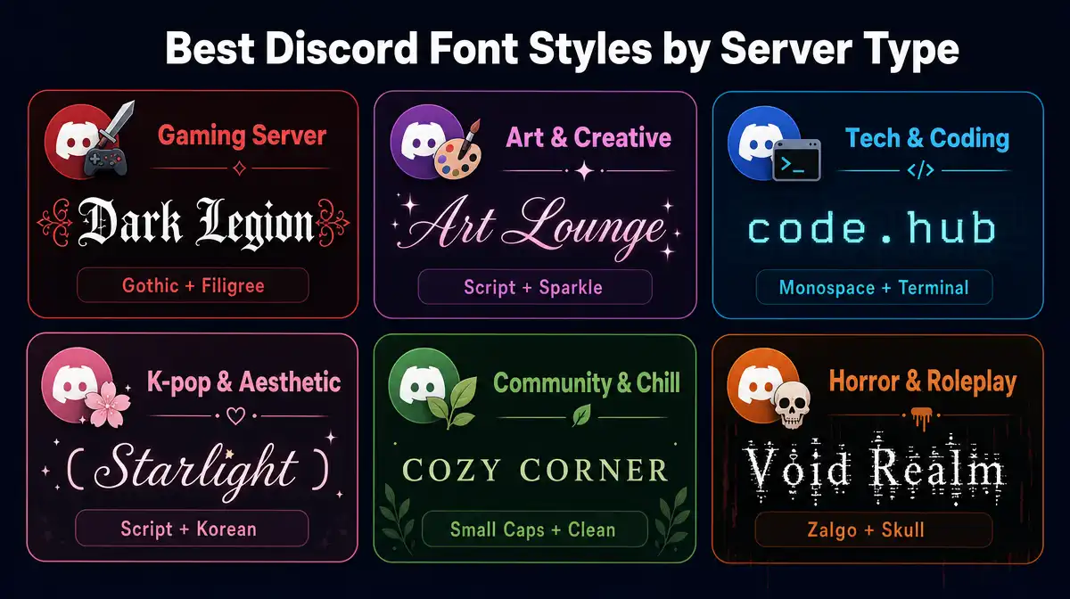 Six Discord server examples showing the best font style for each type: Gothic for Gaming, Script for Art, Monospace for Tech, Script with Korean brackets for K-pop, Small Caps for Community, and Zalgo for Horror servers