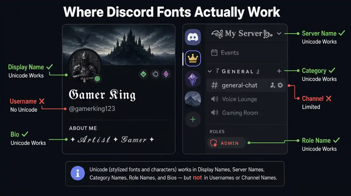 Discord interface showing where Unicode fonts work — display names, server names, categories, roles, and bios support styled text while usernames and channel names do not