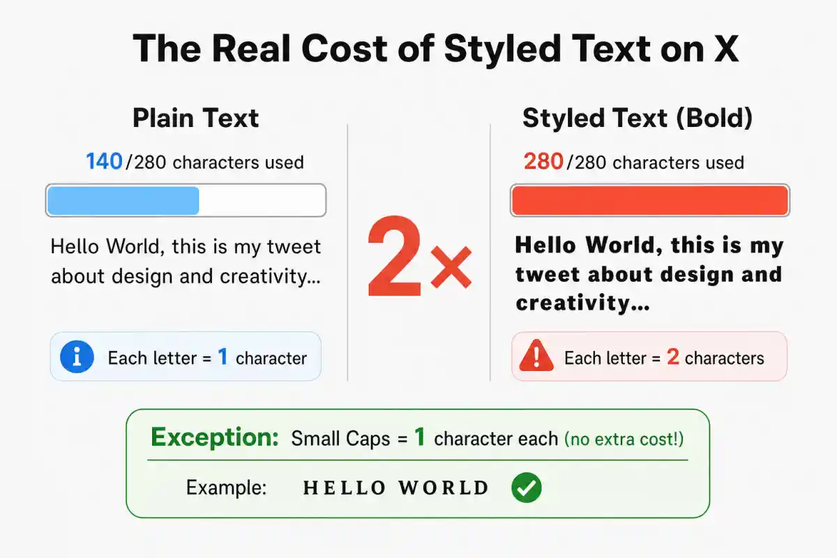 Side by side comparison showing plain text uses 140 of 280 characters while the same styled text uses all 280, with Small Caps as the exception at no extra cost
